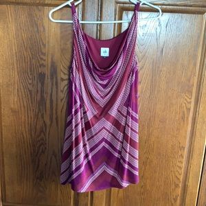 CAbi long tank top in plum burgundy cream colors